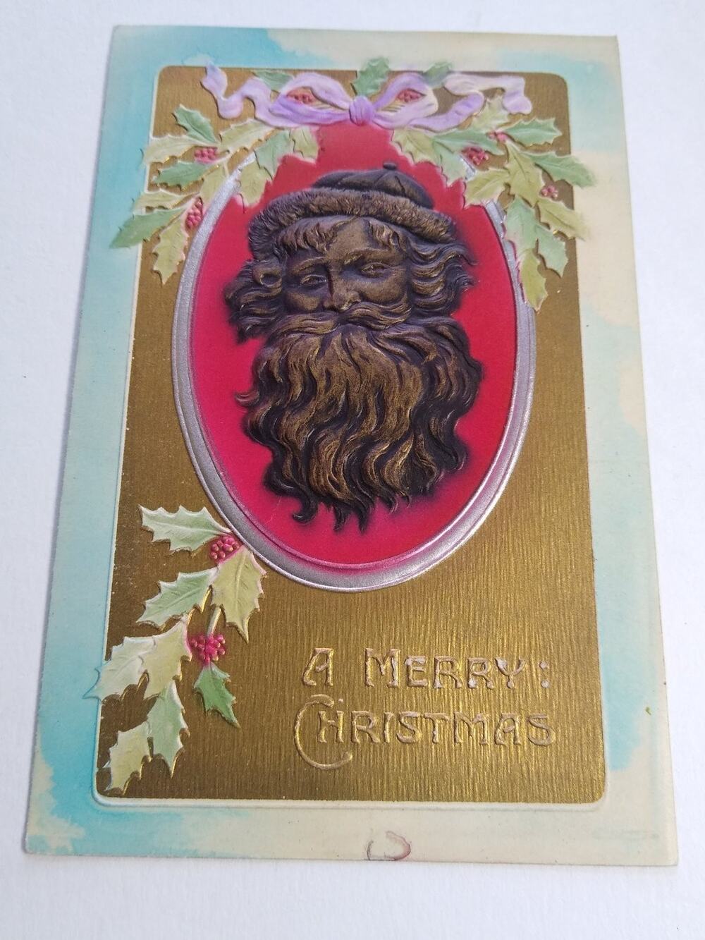 Vintage Embossed Santa Claus Christmas Postcard German Gold Holly 1910s